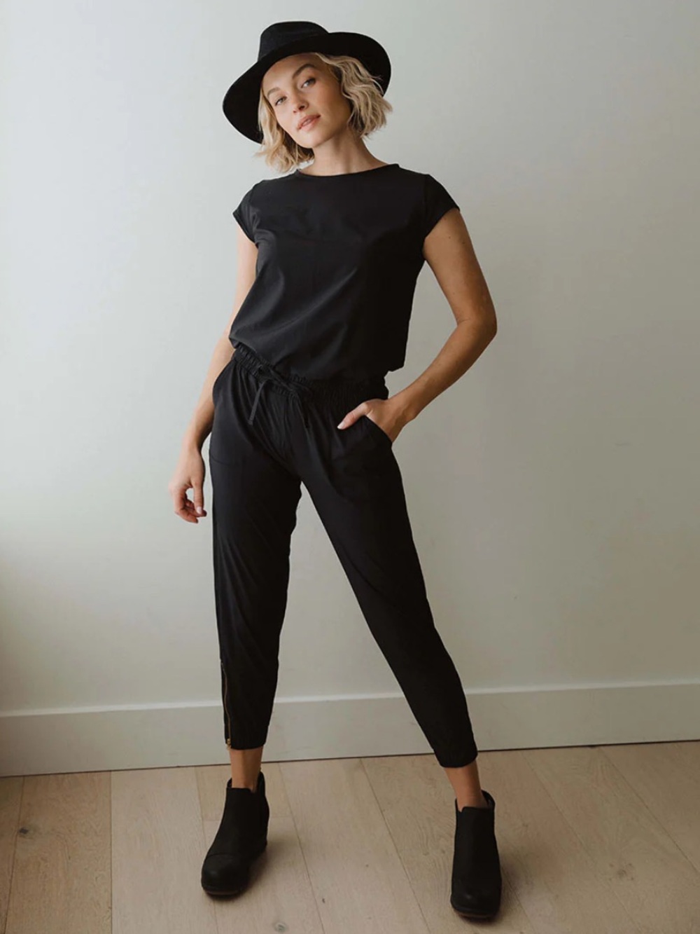 Albion Black Cap-Sleeve Jumpsuit with Drawstring Waist
